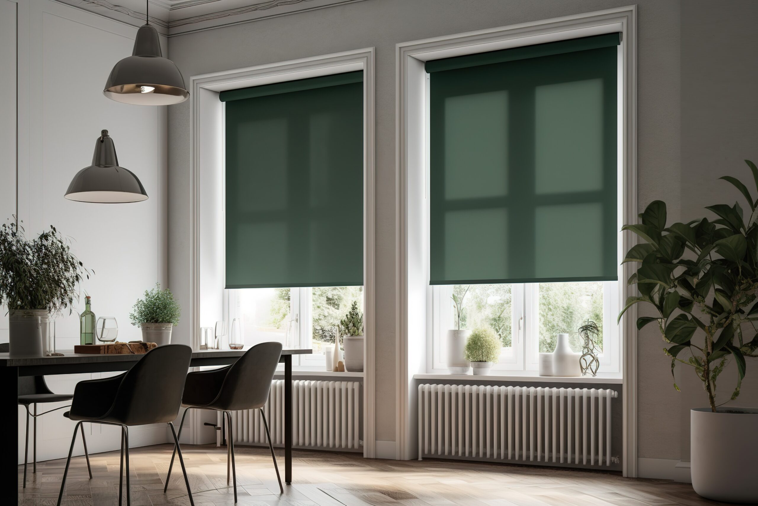 a dining room that consists of a table, chairs, and roller blinds that are green